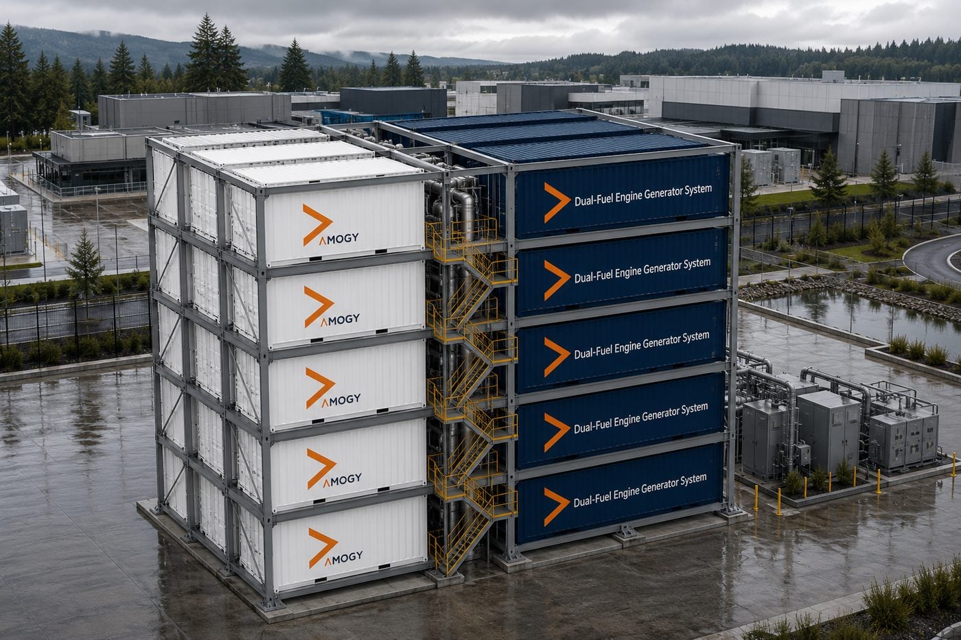 AMMDrive 15 MW system with Amogy-branded containers at a data center